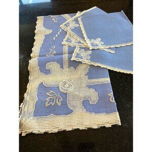 Vintage 1940's Hand Crocheted Blue White Linen Tablecloth + 4 Matching Napkins